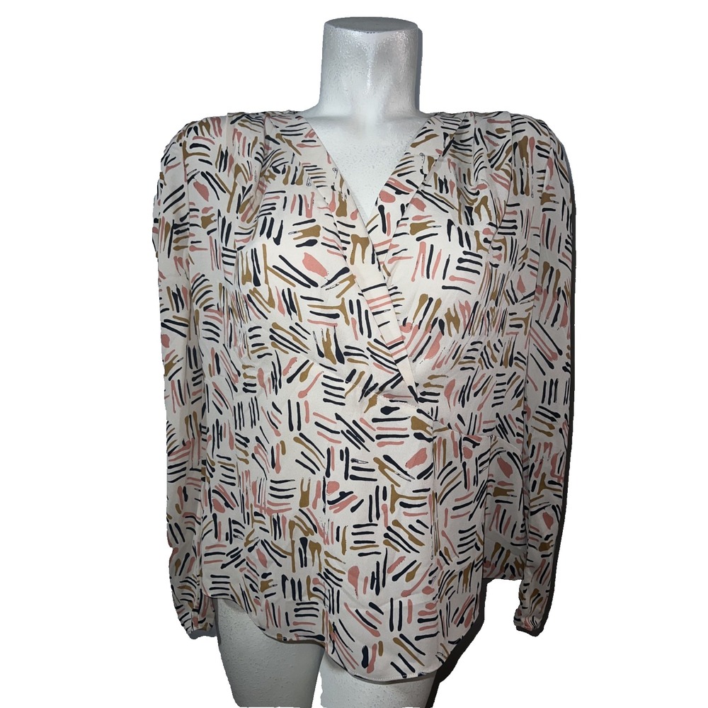Cabi Abstract Brushstroke Wrap Front Blouse Womens Medium Cream Navy Pink V-Neck